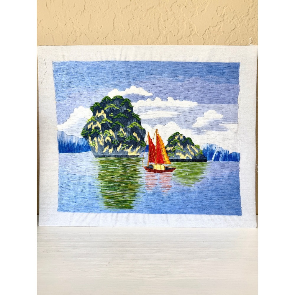 Vintage Embroidered Sailboat Seascape Needlepoint Coastal Art (unframed) 12x10